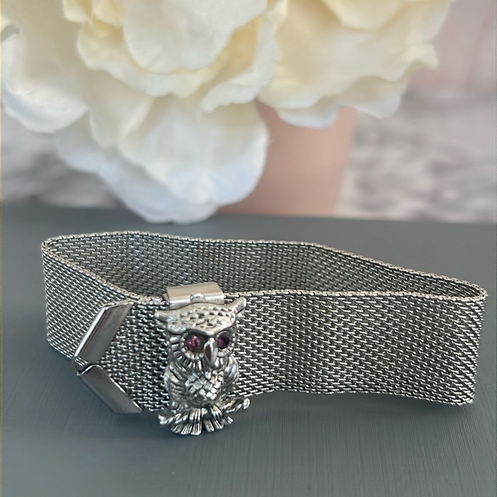 1970’s 🦉Sarah Conventry 🦉VTG mesh silver tone owl bracelet 7.5”